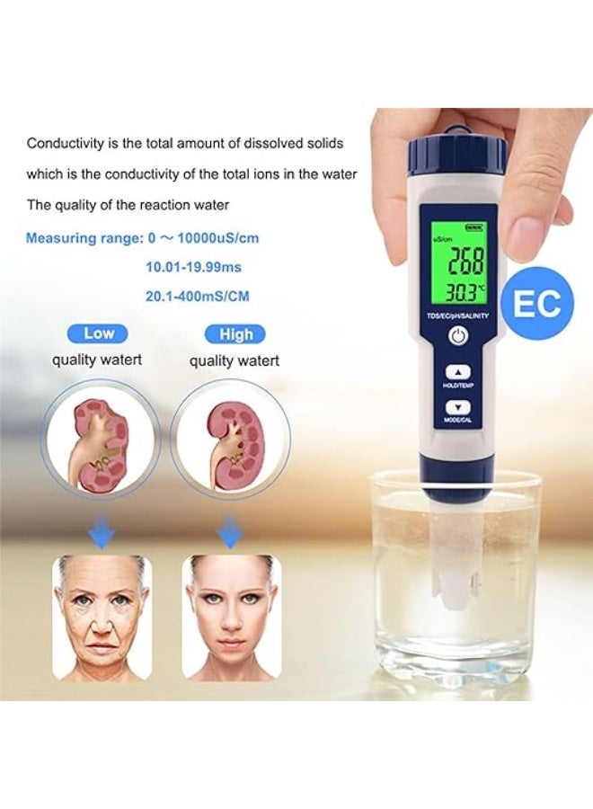 Generic GuangYing 5 in 1 PH Meter,PH/TDS/EC/Salinity/Temp Meter for Water, High Accuracy Water Testing Kits for Drinking Water, Pools, Fish Tank, and Hydroponics,with 3 PH Buffer Powders - Image 5