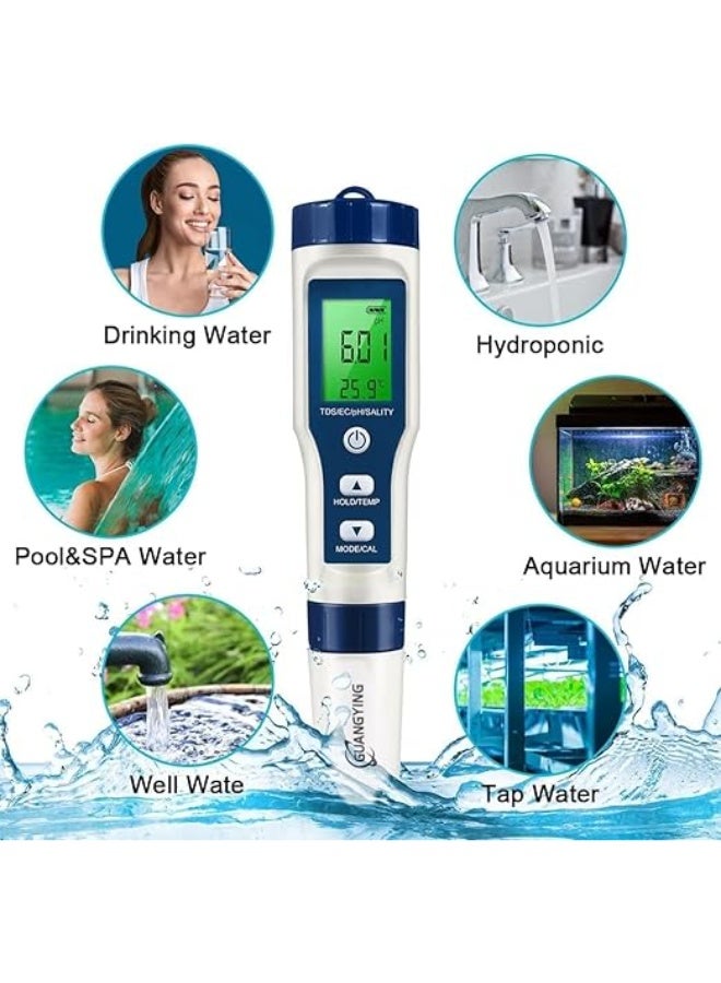 Generic GuangYing 5 in 1 PH Meter,PH/TDS/EC/Salinity/Temp Meter for Water, High Accuracy Water Testing Kits for Drinking Water, Pools, Fish Tank, and Hydroponics,with 3 PH Buffer Powders - Image 2