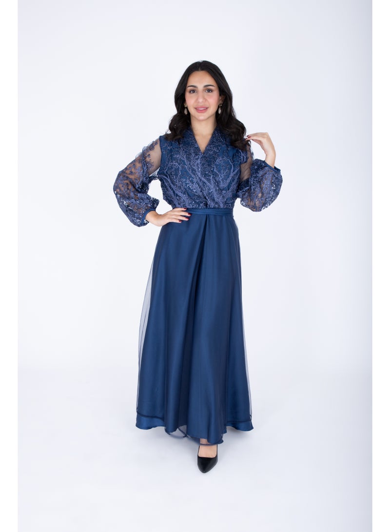 IKKXA Chiffon Layered Dress Applique Design IK1058 Blue - Image 1