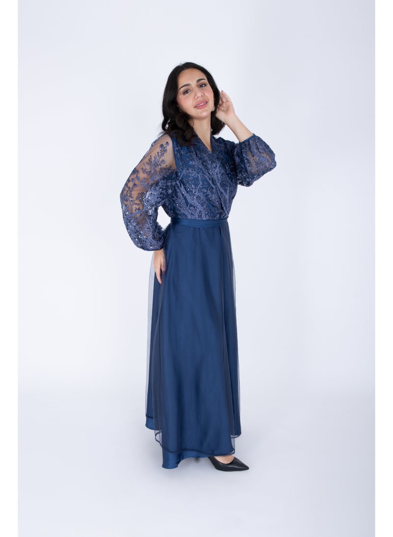IKKXA Chiffon Layered Dress Applique Design IK1058 Blue - Image 3