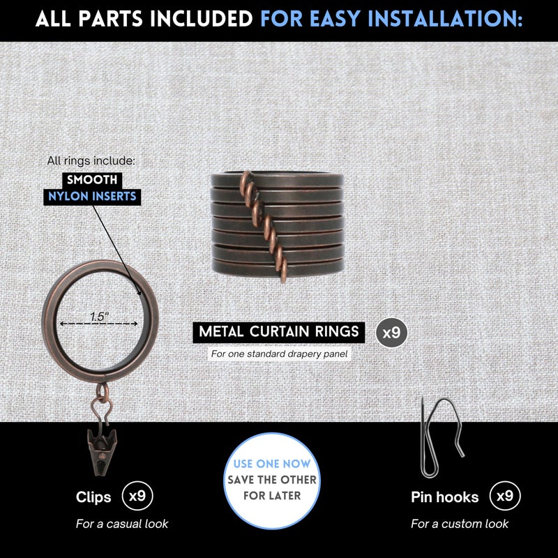 BlastHomeÂ® Luxury Curtain Rings - Premium Metal with Quiet, Smooth, Removable Nylon Inserts - Pinhooks & Clips Included - 1 1/2" Inside Diameter - 9 Rings for One Standard Curtain - Oil Rubbed Bronze - Image 4