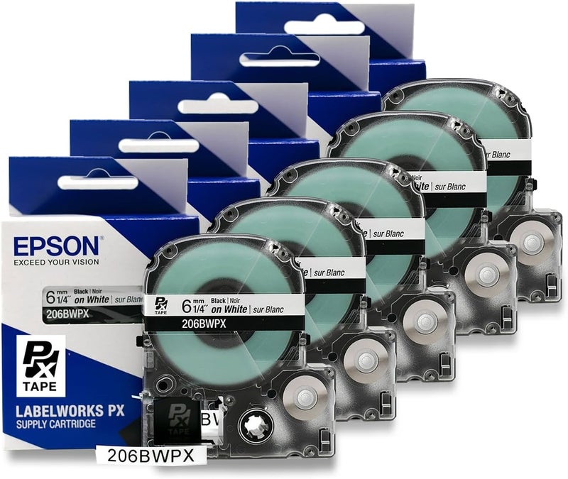 LABELWORKS Epson 206BWPX-5PK Genuine PET (Polyester) Tape Cartridge - 5 Unit Pack of Black on White Standard Industrial Label Maker Tape - 1/4" (6MM) Wide, 30 ft - 5 Pack - Image 1