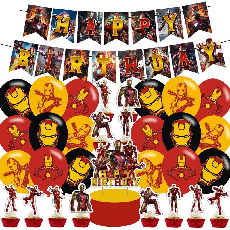 PINUO Birthday Party DecorationsIron Hero Party Supplies Includes Cartoon Iron Hero Birthday Banner Balloons Cupcake Toppers Cake Topper Party Favors - Image 2