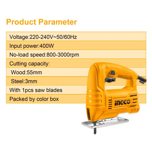 INGCO Jig Saw, Corded Jigsaw with Scale Ruler, 400W | 800-3000rpm | With 1pcs Saw Blade, Bevel Cutting: ±45°, Max Cutting Depth 55mm for Wood - Image 3