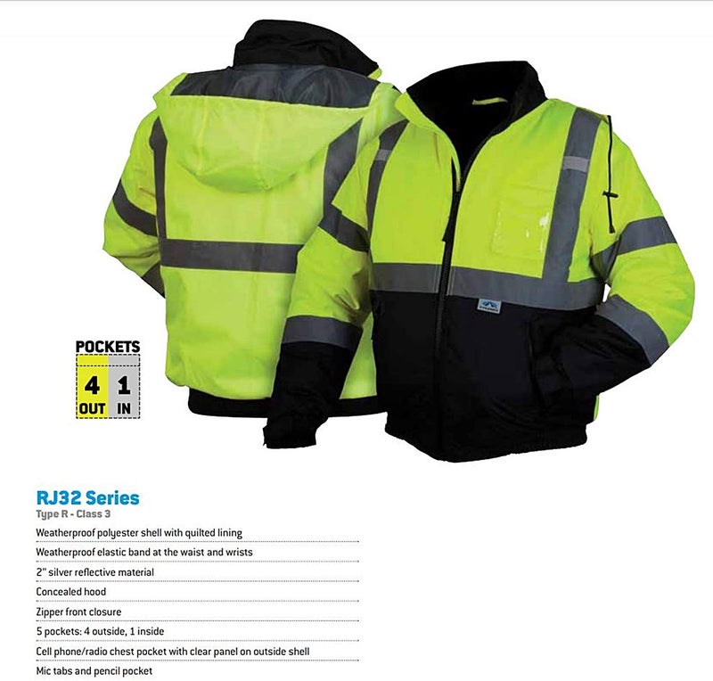 Pyramex Safety RJ3210L RJ32 Series Jackets Hi-Vis Lime Bomber Jacket with Quilted Lining - Size Large - Image 4