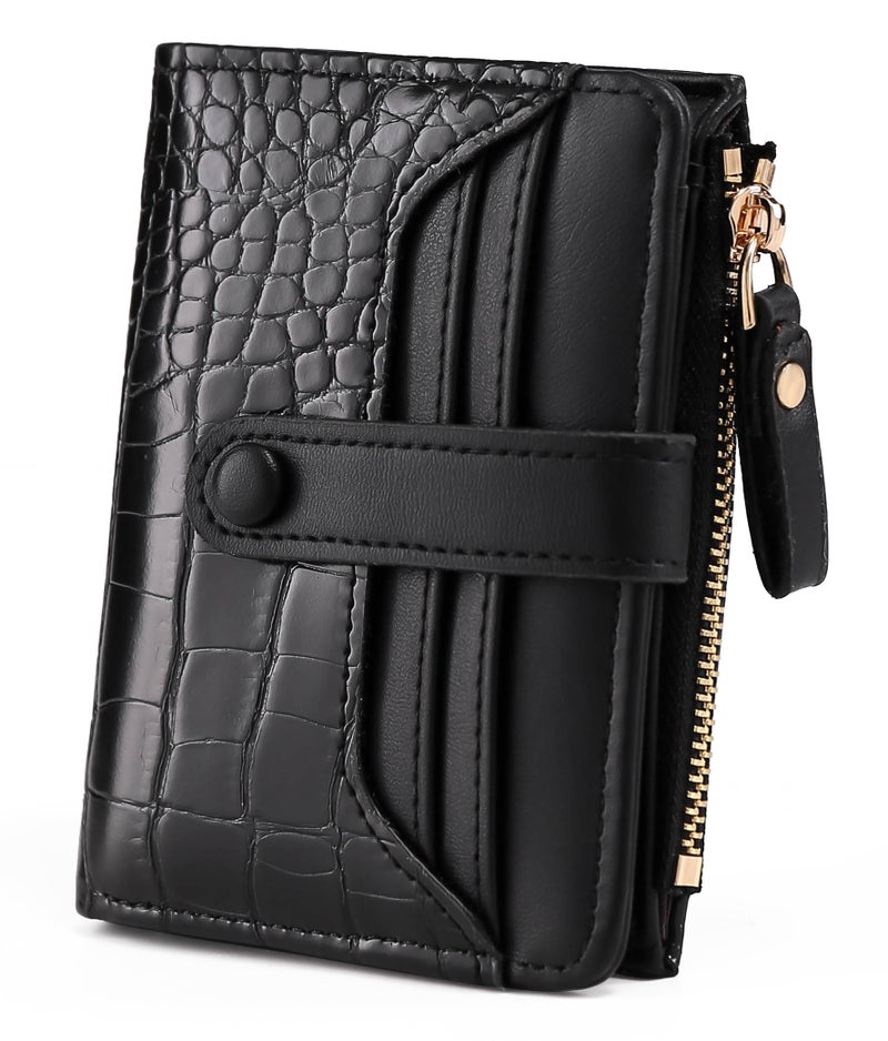 Elios Women's Wallet Vegan Leather Bifold Small Card Holder Coin Holder Compact Ladies Purse with 8 Card Slots, Zipper Pocket and RFID Blocking | Snap Closure | Mini Purse for Women (Black) - Image 1