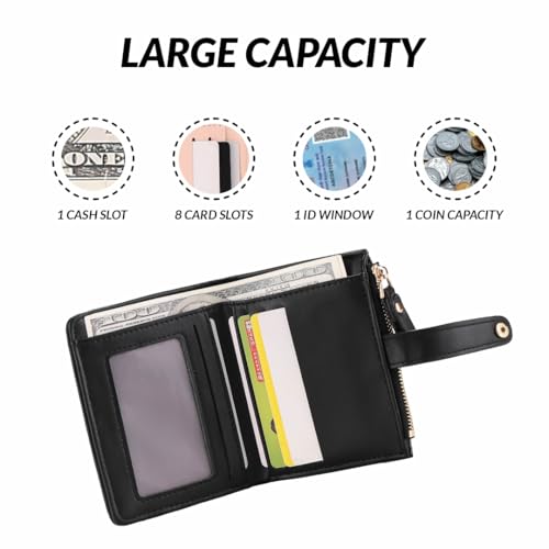 Elios Women's Wallet Vegan Leather Bifold Small Card Holder Coin Holder Compact Ladies Purse with 8 Card Slots, Zipper Pocket and RFID Blocking | Snap Closure | Mini Purse for Women (Black) - Image 5