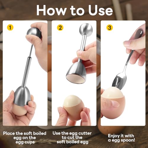 vibedor Egg Cups and Egg Cracker Set for Soft Boiled Eggs, 1 Stainless Steel Egg Cutter, 2 Stainless Stain Spoons and 2 Ceramic Egg Stands in Kitchen, Parties for Breakfast, Host - Image 5