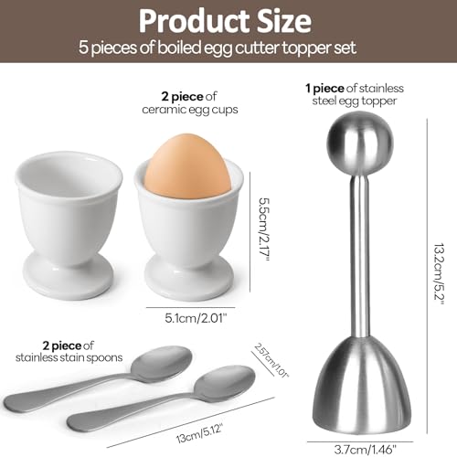 vibedor Egg Cups and Egg Cracker Set for Soft Boiled Eggs, 1 Stainless Steel Egg Cutter, 2 Stainless Stain Spoons and 2 Ceramic Egg Stands in Kitchen, Parties for Breakfast, Host - Image 3