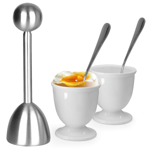 vibedor Egg Cups and Egg Cracker Set for Soft Boiled Eggs, 1 Stainless Steel Egg Cutter, 2 Stainless Stain Spoons and 2 Ceramic Egg Stands in Kitchen, Parties for Breakfast, Host - Image 2