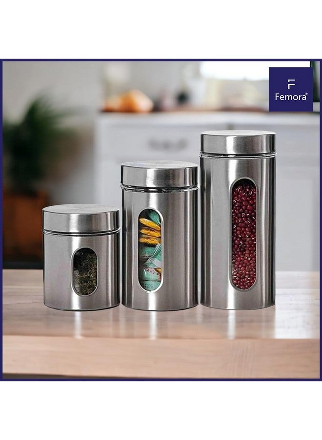 Femora Femora Glass Window Jars | See Through Window Jar | 1 Year Warranty | Airtght | Jars for Snacks, Fry Food, Masala, Spice, Pickles, Cookies |1300 ML | Set Of 2 | Silver - Image 2