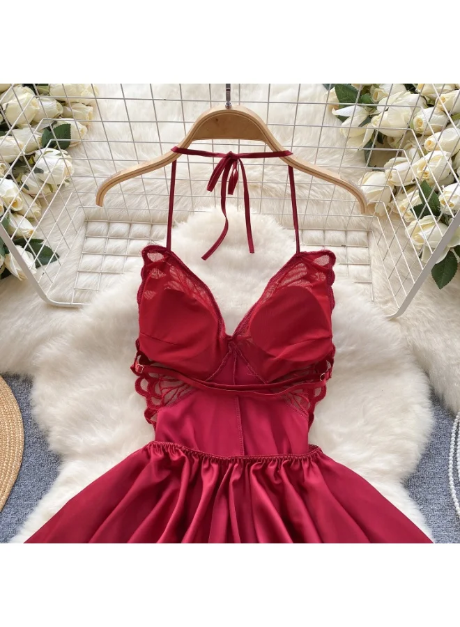 Caprisious Elegant Butterfly-Inspired Halter Neck Satin Dress with Lace Bodice