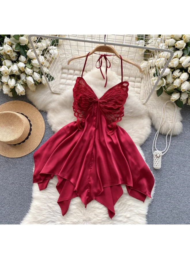 Caprisious Elegant Butterfly-Inspired Halter Neck Satin Dress with Lace Bodice