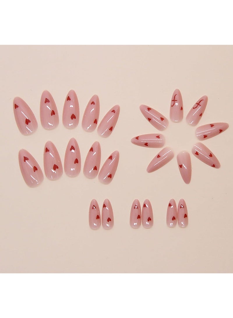 خاجول ٢٤ قطعة أظافر صناعية قلوب ظريفةأظافر لاصقة قصيرة ومتوسطة باللون الوردي الطبيعي، بتصميم اللوزة المستوحى. تُلصق كلياً فوق الظفر الطبيعي، قابلة لإعادة الاستخدام وتناسب فنانات التجميل ومحبات العناية بمظهر الأيدي. - Image 3