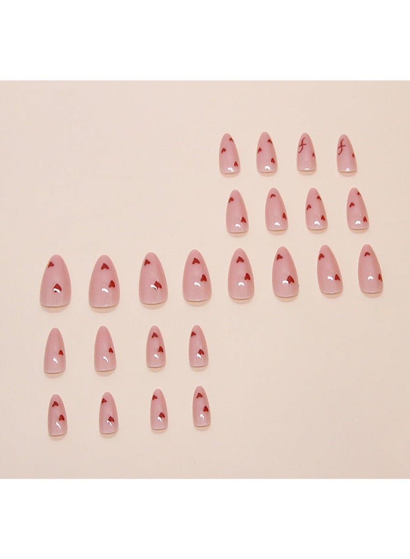 خاجول ٢٤ قطعة أظافر صناعية قلوب ظريفةأظافر لاصقة قصيرة ومتوسطة باللون الوردي الطبيعي، بتصميم اللوزة المستوحى. تُلصق كلياً فوق الظفر الطبيعي، قابلة لإعادة الاستخدام وتناسب فنانات التجميل ومحبات العناية بمظهر الأيدي. - Image 2