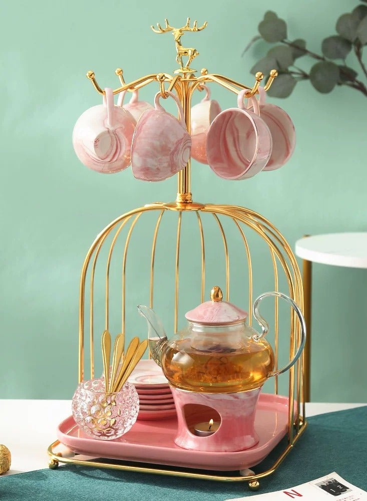 20 PCS Porcelain Tea Set With Metal Holder Ceramics Vintage Tea Cup Set (Pink) - Image 1