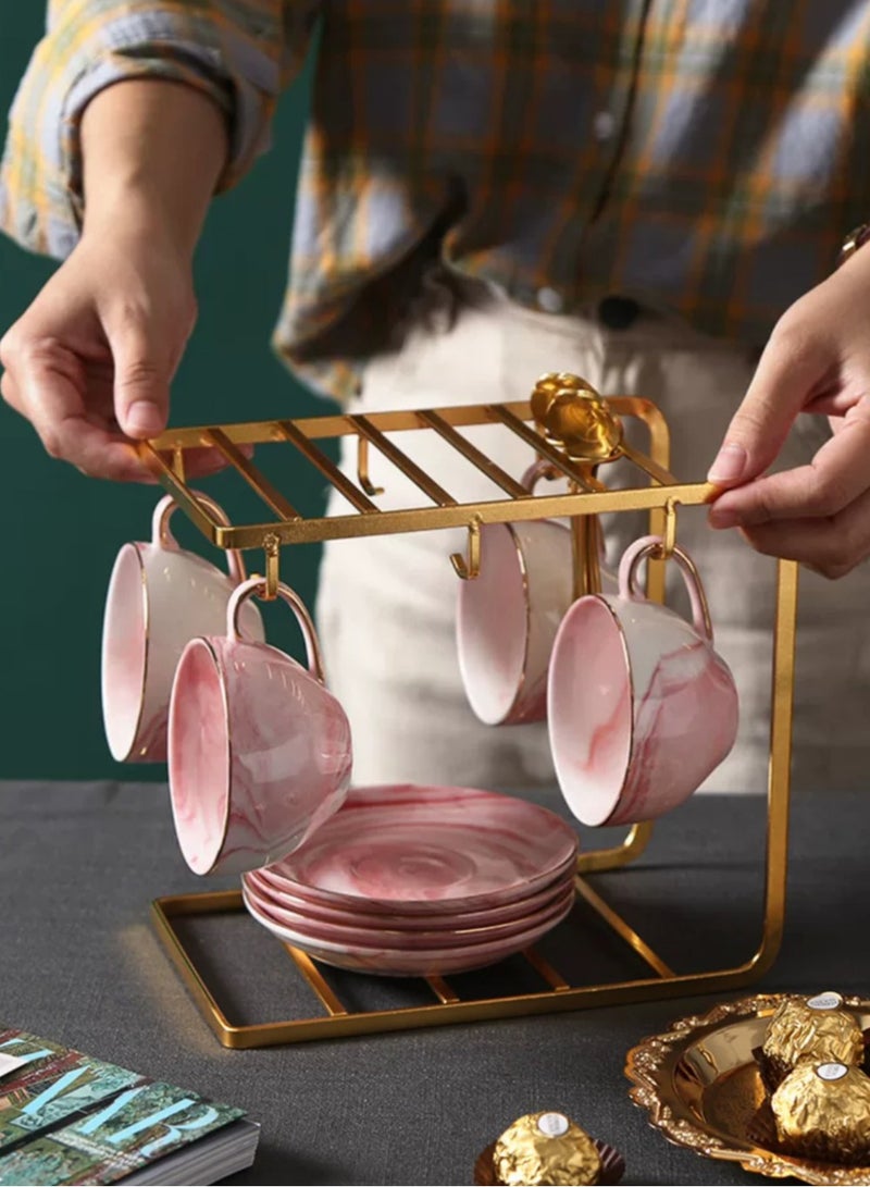 20 PCS Porcelain Tea Set With Metal Holder Ceramics Vintage Tea Cup Set (Pink) - Image 3