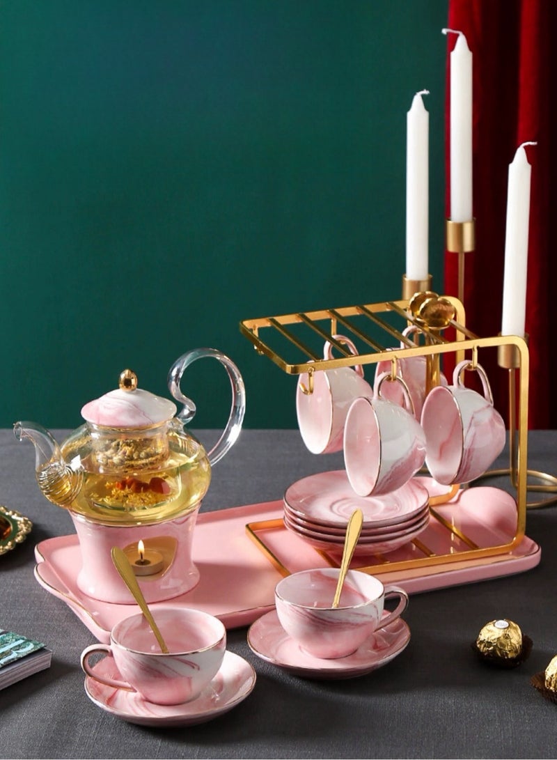 20 PCS Porcelain Tea Set With Metal Holder Ceramics Vintage Tea Cup Set (Pink) - Image 2