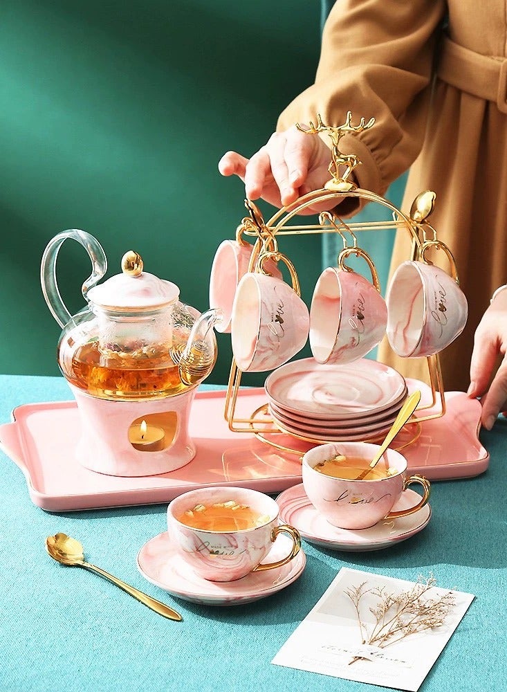 20 PCS Porcelain Tea Set With Metal Holder Ceramics Vintage Tea Cup Set (Pink) - Image 4