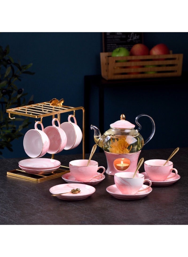 20 PCS Porcelain Tea Set With Metal Holder Ceramics Vintage Tea Cup Set (Pink) - Image 5