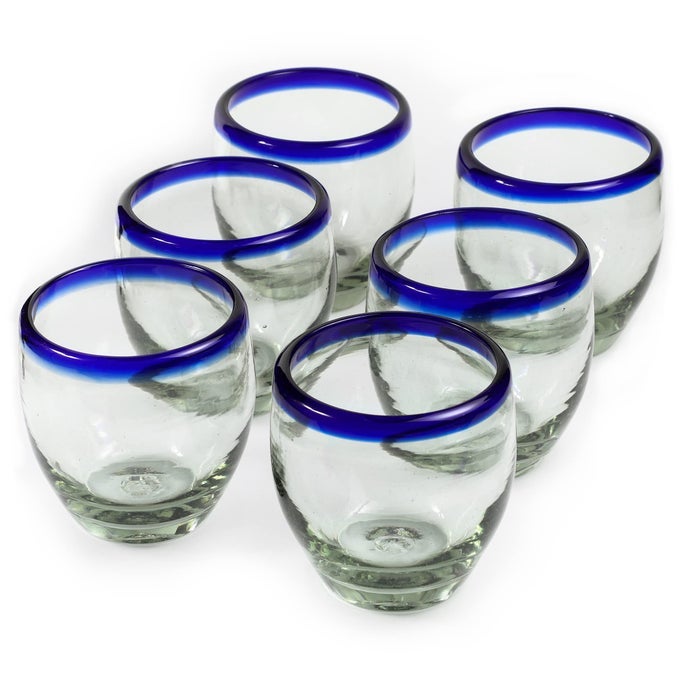 9 OZ HAND BLOWN MEXICAN DRINKING GLASSES SET OF 6 9 FL OZ EACH COBALTBLUE RIM