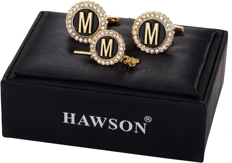 هاوسن أزرار أكمام ذهبية ودبوس ربطة عنق للرجال، أزرار أكمام ذهبية كريستالية مع دبابيس طية صدر للرجال والنساء، دبوس ربطة عنق مع سلسلة على ربطة عنق لملحقات الزفاف والأعمال - Image 2