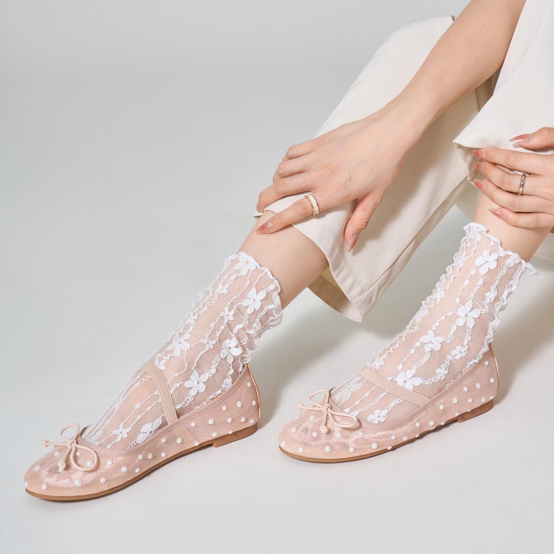 Trary Mesh Nude Flats for Women Round Toe Ballet Flats with Pearls Mary Jane Shoes Women with Bowknot and Elastic Strap, Comfortable Dress Shoes for Wedding Party Casual Wear, Size 9 - Image 4
