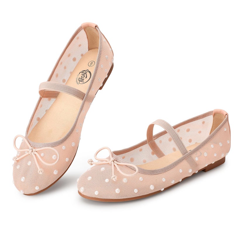 Trary Mesh Nude Flats for Women Round Toe Ballet Flats with Pearls Mary Jane Shoes Women with Bowknot and Elastic Strap, Comfortable Dress Shoes for Wedding Party Casual Wear, Size 9 - Image 1