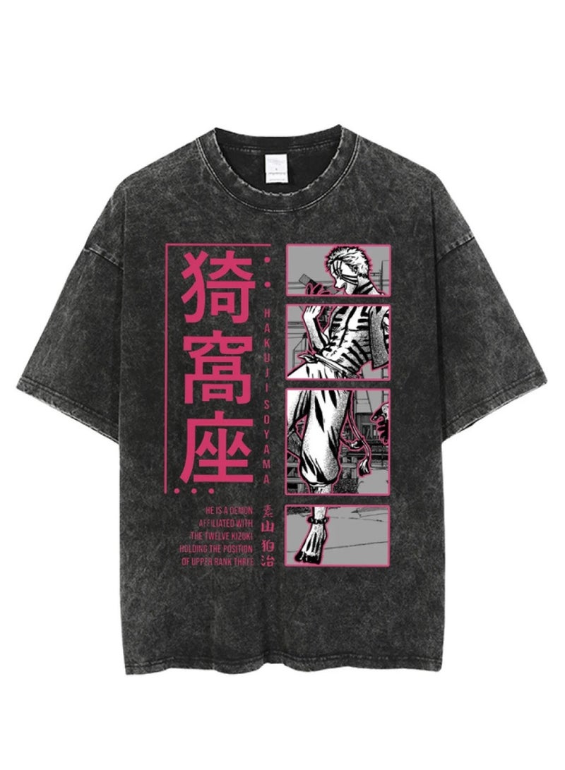 Washed retro T-shirt street hip hop anime Demon Slayer Kimetsu No Yaiba casual cotton summer short sleeves - Image 1