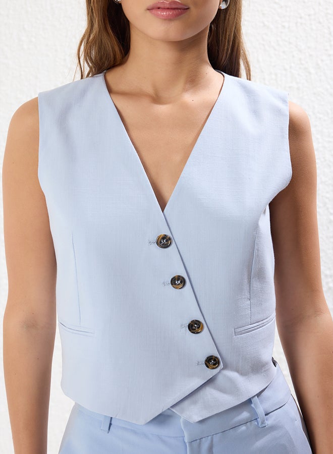 trendyol Limited Edition Crop Fitted Button Detail Woven Linen Look Vest - Image 3