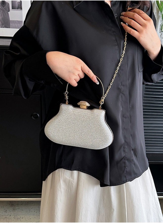 WAOKN - Women's Shiny Rhinestone Clutch, Ladies Banquet Bag Cosmetic Bag Tote Bag Handbag Clutch Bag, Fashion Chain Carrying Bag Sling Bag Side Bag for Party Dinner Wedding (Silver) - Image 1