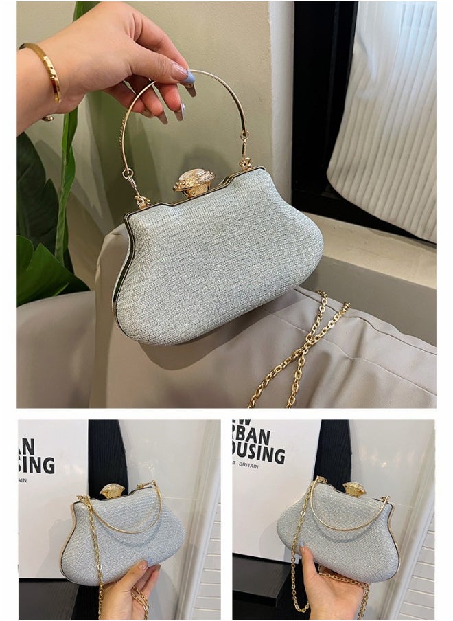 WAOKN - Women's Shiny Rhinestone Clutch, Ladies Banquet Bag Cosmetic Bag Tote Bag Handbag Clutch Bag, Fashion Chain Carrying Bag Sling Bag Side Bag for Party Dinner Wedding (Silver) - Image 1