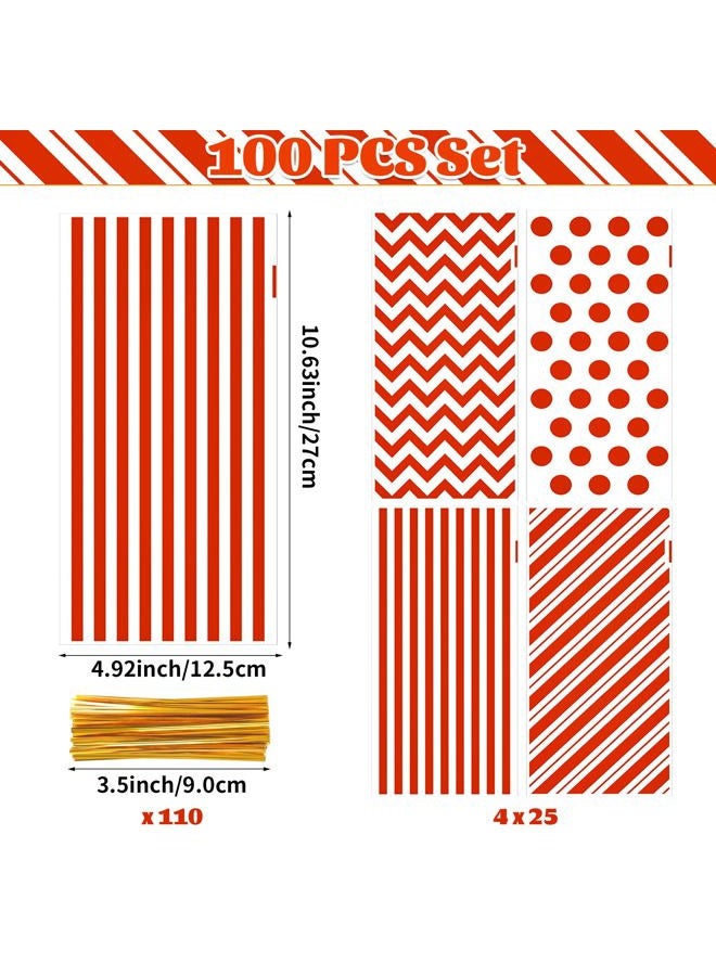 ZYLOP Christmas Cellophane Treat Bags, 100pcs Plastic Red Stripe Wave Dot Christams Candy Goodie Bags with 110pcs Red Twist Ties for Valentine, Birthday, Gift Cookie Snack Packing Party Favor Supplies - Image 2