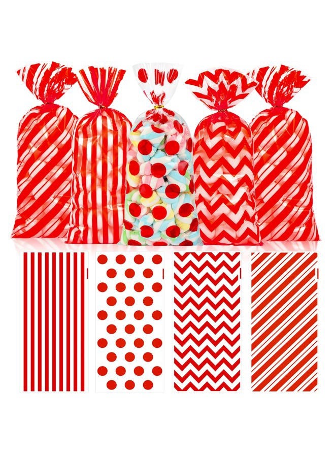 ZYLOP Christmas Cellophane Treat Bags, 100pcs Plastic Red Stripe Wave Dot Christams Candy Goodie Bags with 110pcs Red Twist Ties for Valentine, Birthday, Gift Cookie Snack Packing Party Favor Supplies - Image 1