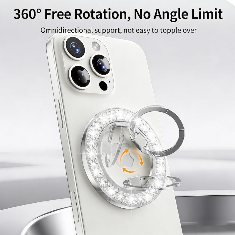 جابي Magnetic Phone Ring, for MagSafe Grip - 360° [Super Magnet] Stylish Ring Holder Stand with [Upgrade Gear Hinge], for iPhone 17 16 15 14 Pro Max Air, with Glitter Diamond Black - Image 3