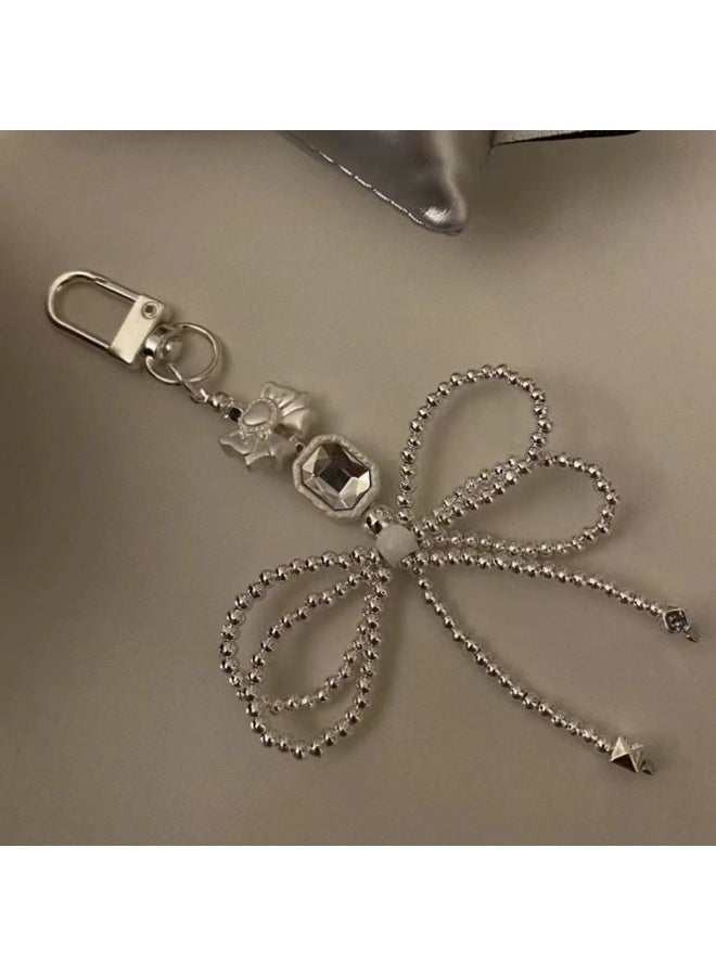 NIBEMINENT Beaded Phone Lanyard, Anti Lost Removable Wrist Strap,Silver Bead Bow Bracelet Pendant, Phone Keychain Lanyard