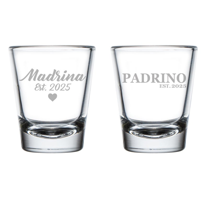 MIP Set of 2 Shot Glasses 175oz Shot Glass Gift Set Madrina Est 2025 And Padrino Est 2025