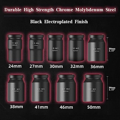 TONYNOL 1" Inch Drive Deep Impact Socket Set,9 Pieces,6-Point,Metric Sizes(24mm,27mm,30mm,32mm,36mm,38mm,41mm,46mm,50mm),Cr-Mo Steel - Image 3