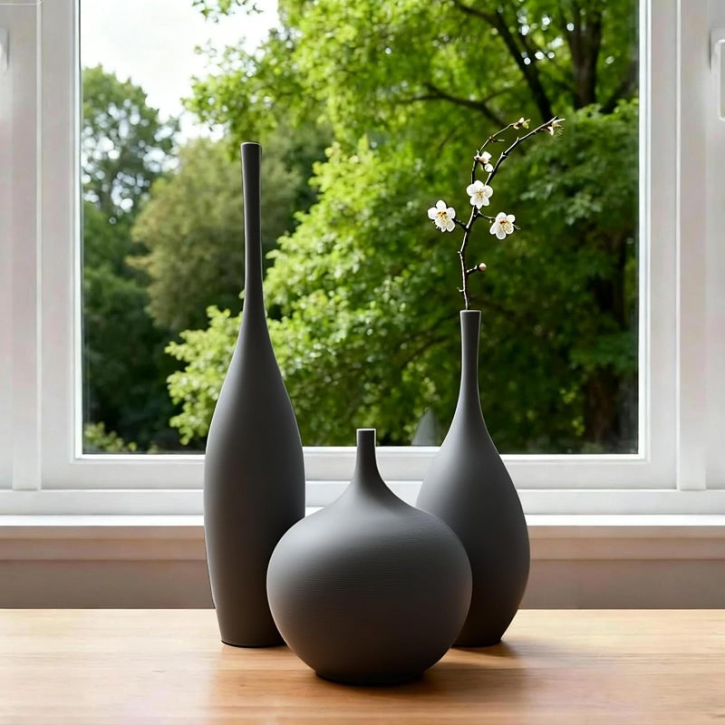 Relexome Black Ceramic Vase Modern Boho Wabi-Sabi Flower Vase Set of 3 Decorative Aesthetic Vases for Centerpieces Matte Minimalist Vases for Living Room Table Shelf Home Decor Gift - Image 3