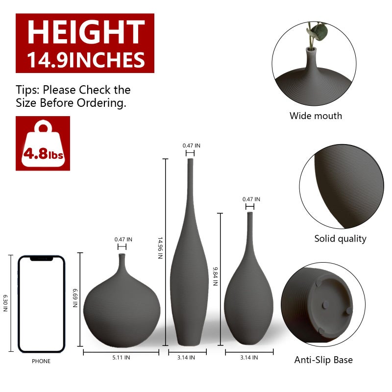 Relexome Black Ceramic Vase Modern Boho Wabi-Sabi Flower Vase Set of 3 Decorative Aesthetic Vases for Centerpieces Matte Minimalist Vases for Living Room Table Shelf Home Decor Gift - Image 2