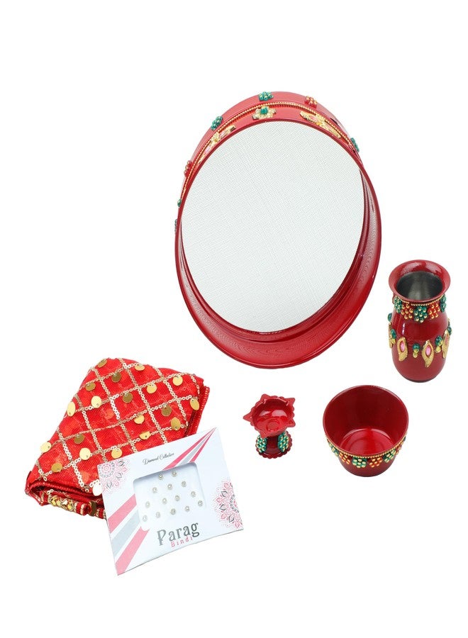 Aditri Creation Karwachauth Pooja Thali Puja Plate Decorative Steel Puja Thali with Kalash & Channi Chalani Essential Pooja Articles Ritual Wedding Indian Traditional Navratri Festival Decorations (Thali Size-11") - Image 3