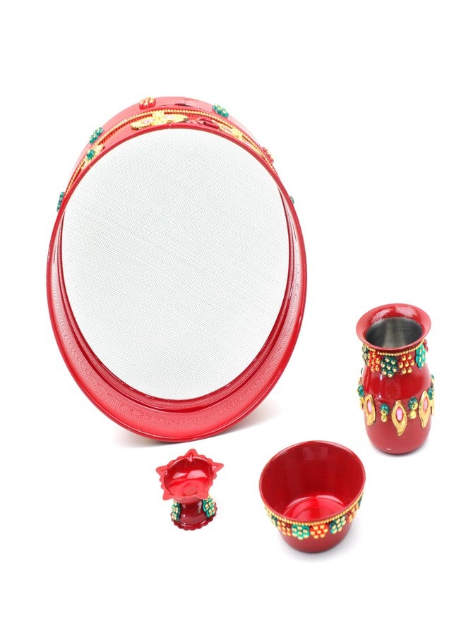 Aditri Creation Karwachauth Pooja Thali Puja Plate Decorative Steel Puja Thali with Kalash & Channi Chalani Essential Pooja Articles Ritual Wedding Indian Traditional Navratri Festival Decorations (Thali Size-11") - Image 4