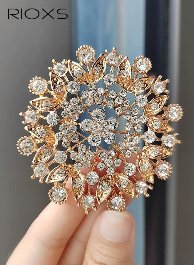 RIOXS Crystal Rhinestone Brooch Flower for Women, Gold Sparkling Large Crystal Flower Brooch, Vintage Floral Lapel Pins Rhinestone Flower Bouquet Broochs, Wedding Bridal Dress Jewelry for Ladies - Image 2