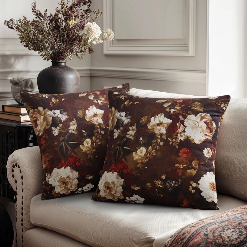 StangH 18x18 inch Floral Throw Pillow Covers, Brown Velvet Blossom Decorative Square Cushion Covers Super Soft Seasonal Vintage Pillowcases for Couch Bed Sofa, Pack of 2 - Image 2