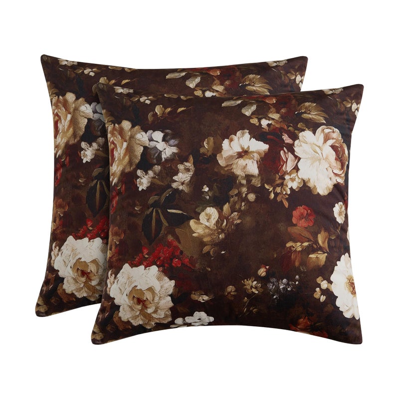 StangH 18x18 inch Floral Throw Pillow Covers, Brown Velvet Blossom Decorative Square Cushion Covers Super Soft Seasonal Vintage Pillowcases for Couch Bed Sofa, Pack of 2 - Image 1