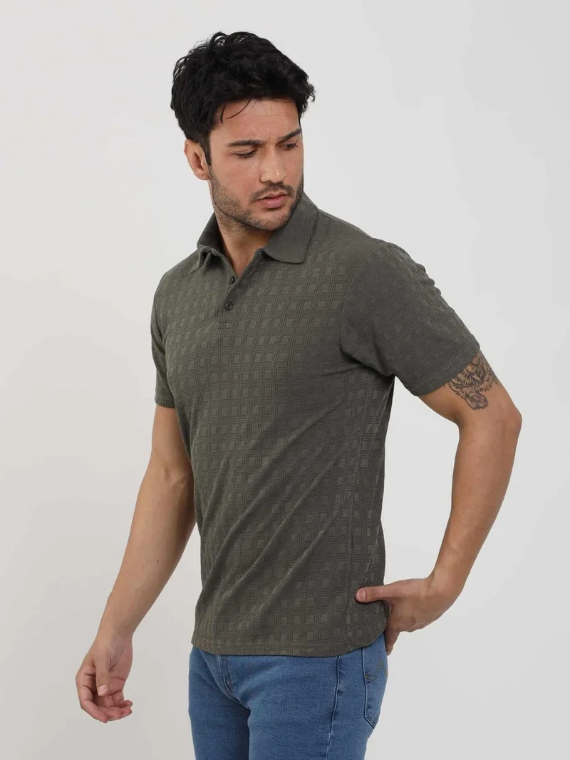 Dufy Green Men's Slim Fit Jacquard Polo Neck Tshirt - 105219