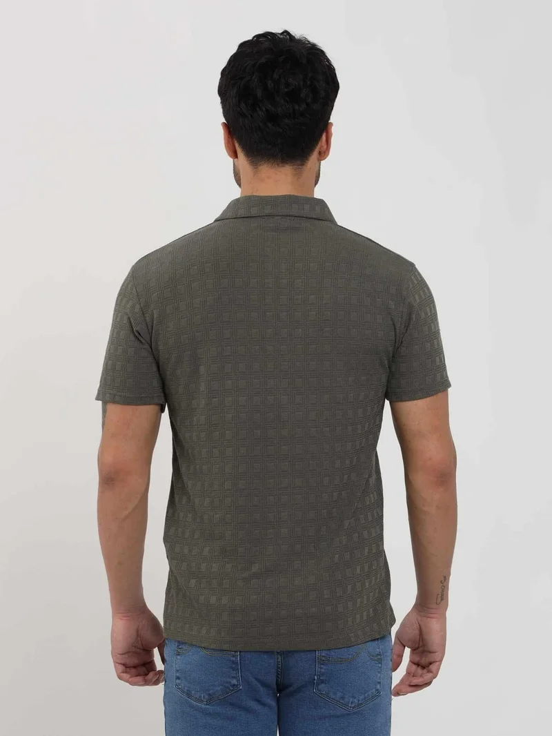 Dufy Green Men's Slim Fit Jacquard Polo Neck Tshirt - 105219