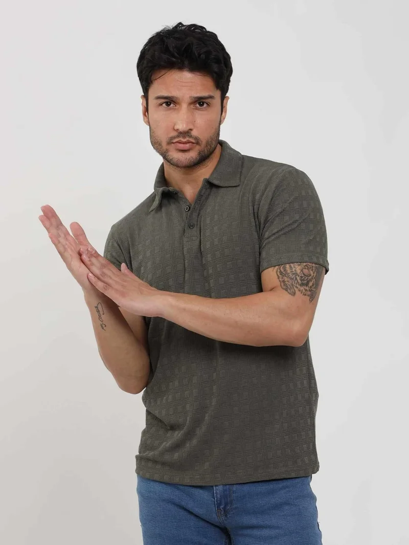 Dufy Green Men's Slim Fit Jacquard Polo Neck Tshirt - 105219