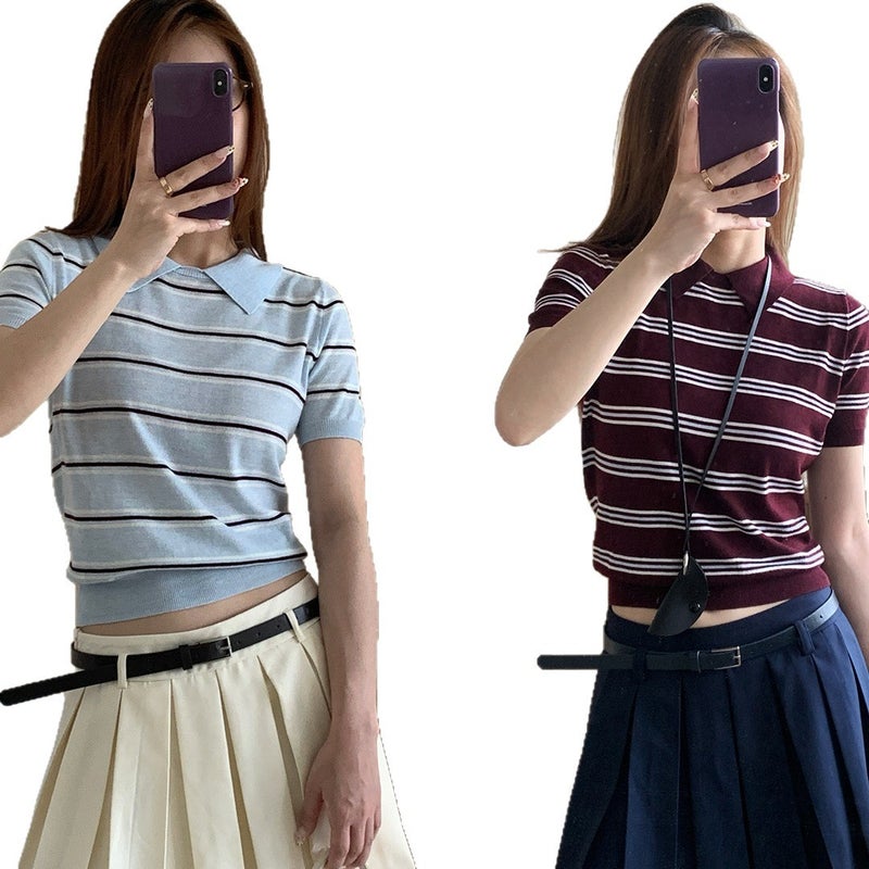 قميص نسائي بولو مخطّط بأكمام قصيرة بقصة واسعة - Image 5