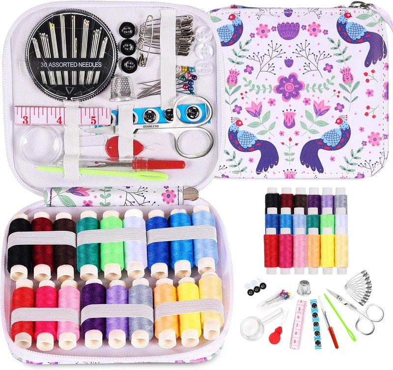 RIANZ Sewing Kits for Adults, Portable Sewing Kit, Thread and Needle Set with PU Leather Case with Handle for Hand, Home, Travel and Emergency, Compact, Small, Basic Sewing Kits (White - Peacock Print) - Image 1